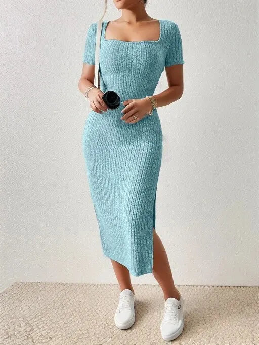 Summer Square Neck, Hip-Hugging Mid-Length Skirt, Short-Sleeved, Versatile Knitted Slit Dress - Dhavinci