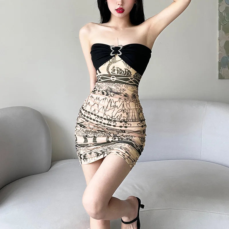 Retro Elegant  Mini Dress For Women 2023 Summer Bachelorette Party Beautiful Feminine Women Sexy Chest Wrapping Dress Women - Dhavinci