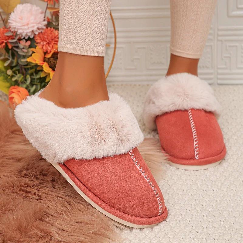 Fashion Faux Fur Winter Slippers for Women - Closed Toe Plush Mules - Dhavinci