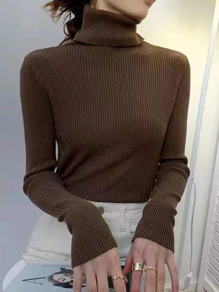 ZOKI New 2023 Women Pullover Turtleneck Sweater Autumn Long Sleeve Slim Elastic Korean Simple Basic Cheap Jumper Solid Color Top - Dhavinci