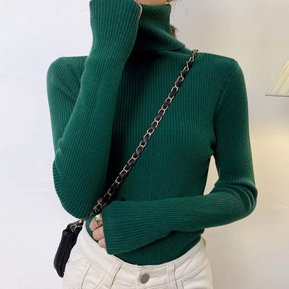 Women Long Sleeved Turtleneck Sweater Harajuku Pullover Women Knit Sweater Slim Elastic Korean Simple Basic Jumper Solid Tops - Dhavinci