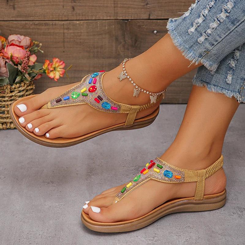 Crystal Women’s Sandals | Summer Clip Toe Bohemian Flat Sandals - Dhavinci