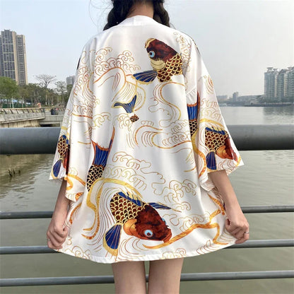 Bebovizi Japanese Style Flaming Phenix Print Cardigan Kimono Harajuku Women Men Sexy Yukata Female Streetwear Traditional Haori - Dhavinci