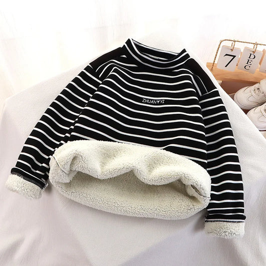 Kids' Thick Striped Sweatshirt | Warm Plus Velvet Pullover Coat - Dhavinci