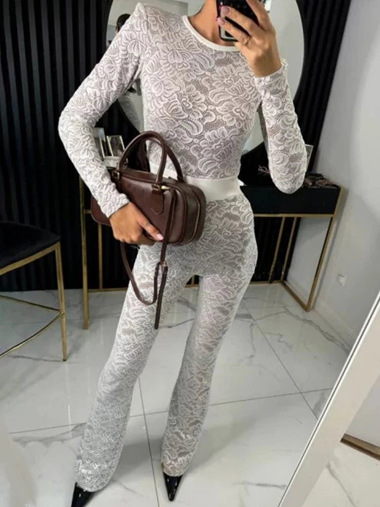 Lace Print Long Sleeve Jumpsuit Women | Slim Fit Fashion Overalls - Dhavinci