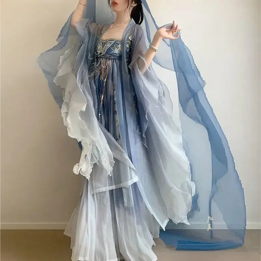 Blue women's embroidery Hanfu Chinese traditional style round neck robe girl spring and summer new adult performance gown - Dhavinci