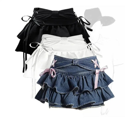 Blue Denim Pleated Skirt Bow Fold Design Women's A-line Short Skirt Built in Shorts American Spicy Girl Korean Fashion Hotsweet - Dhavinci