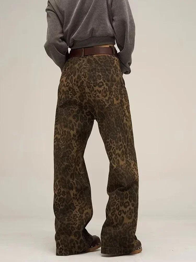 Tan Leopard Print Jeans for Women | Oversized Wide Leg Streetwear Denim - Dhavinci