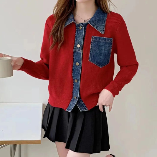 Small Spring Autumn Outerwears Female Jeans Coat Short Black Patchwork Crop Women's Denim Jackets Knitted 2024 New Collection In - Dhavinci