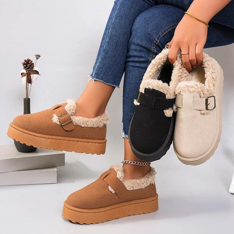 Winter Thickened Plush Flats for Women | Brown Faux Fur Non-Slip Casual Shoes - Dhavinci