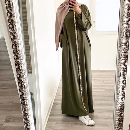 Casual Sequin Muslim Dress Women Solid Chiffon Kaftan Islamic Clothing for Women Arabian Dubai Abayas Vestido Longo Feminino - Dhavinci