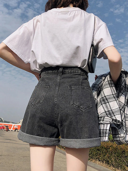 FTLZZ New Summer Women High Waist Button Wigh Leg Jeans Shorts Casual Female Loose Fit Blue Denim Shorts - Dhavinci