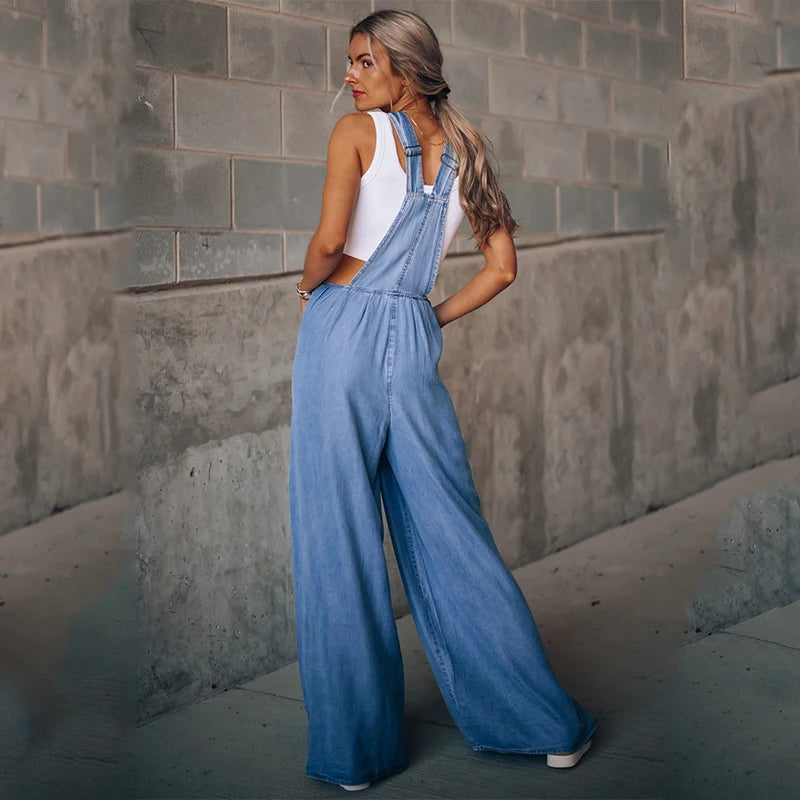 Summer Overalls For Women Blue Denim One-Piece Jumpsuits Loose Wide-Leg  With Pocket High-Waist Jumpsuits - Dhavinci