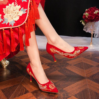 Red Embroidered Bridal Shoes - Elegant Chinese Style High Heels - Dhavinci