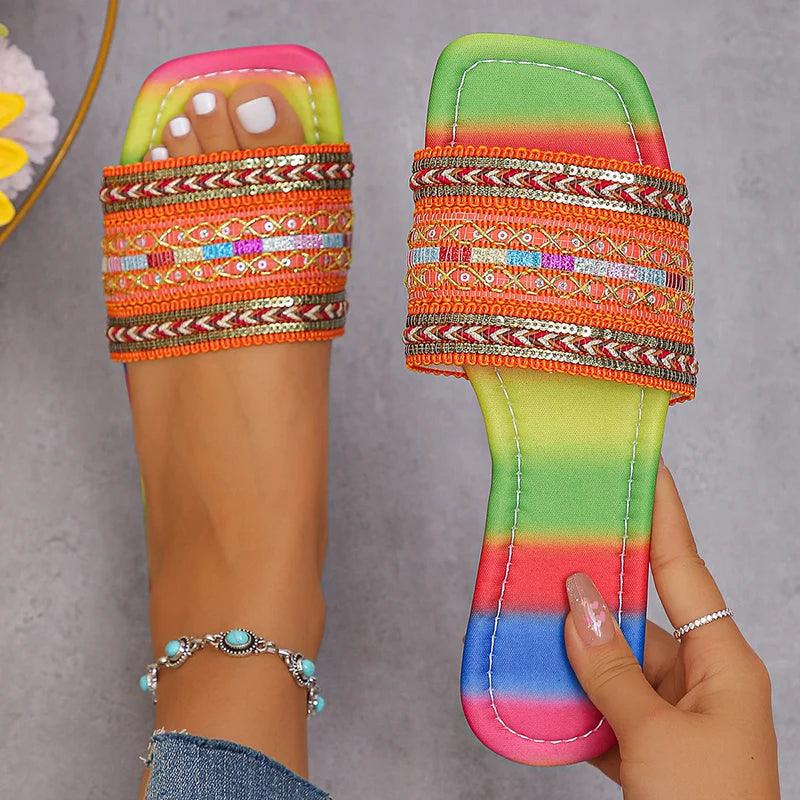 Mix Color Woven Flats | Women’s Bohemian Beach Slides - Dhavinci