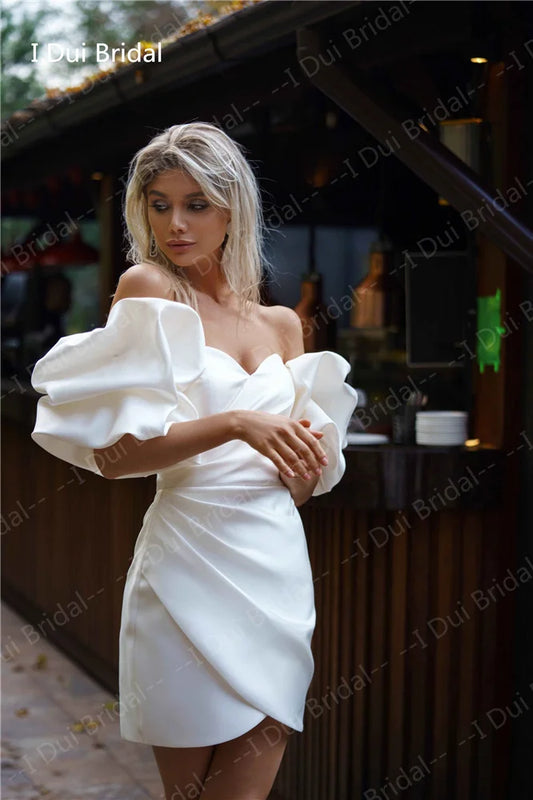 Short Sexy Bachelorette Bride to be Dress  with Puffy Sleeve Satin Mini Bridal Gown with Pleats - Dhavinci