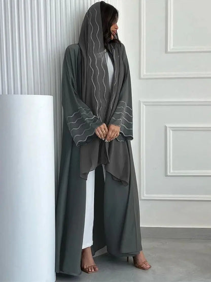 Ramadan Eid Women Gray Black Dubai Khimar Abaya Islam Muslim Kimono Hijab Dress Set Kebaya Kaftan Djellaba Robe Femme Musulmane - Dhavinci