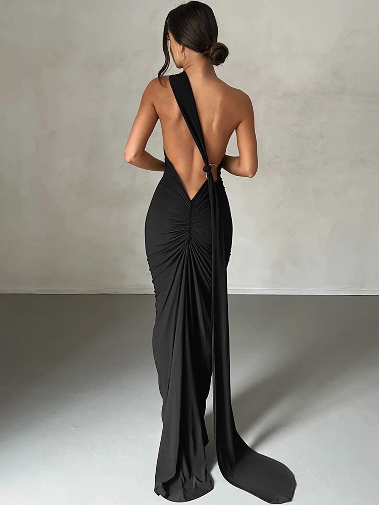 One-Shoulder Backless Ruched Maxi Dress | Sexy Y2K Festival Outfit - Dhavinci