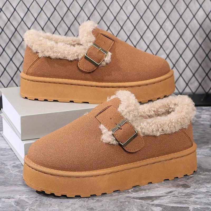 Winter Thickened Plush Flats for Women | Brown Faux Fur Non-Slip Casual Shoes - Dhavinci