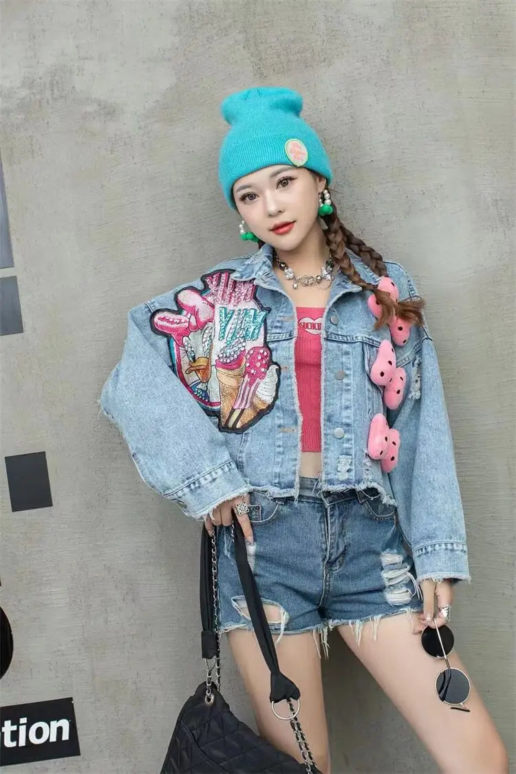 Cartoon Sticker Denim Jacket | Women’s Embroidered Sequin Coat - Dhavinci