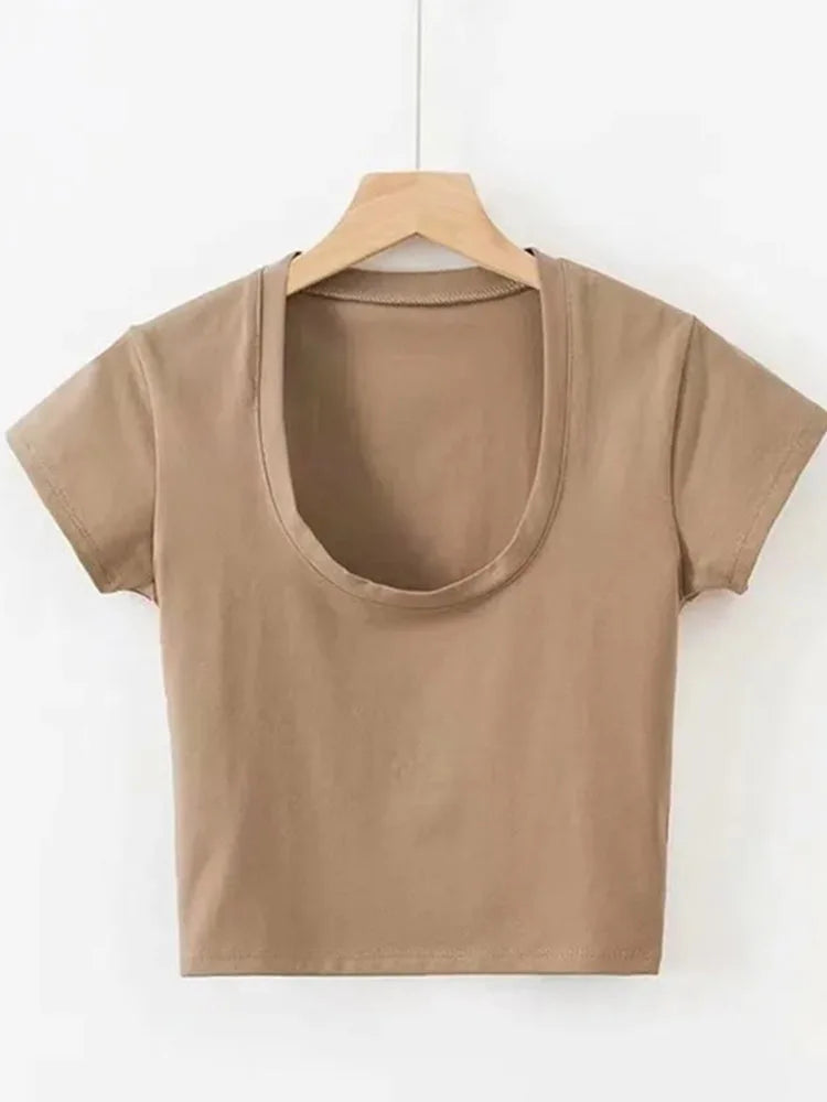 U-Neck Crop Top Solid Color Women Casual High Waist T Shirt Basic Sexy Streetwear Short Sleeve Slimming - Dhavinci