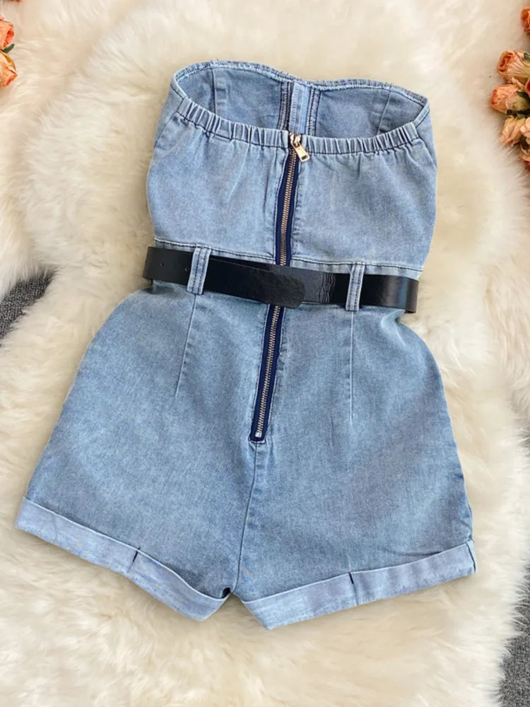 Off-Shoulder Denim Romper | Women’s Casual Wide-Leg Jumpsuit - Dhavinci