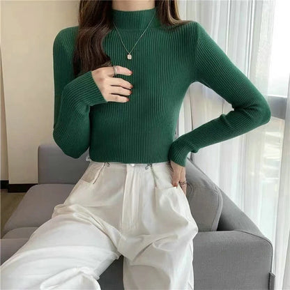 Women Long Sleeved Turtleneck Sweater Harajuku Pullover Women Knit Sweater Slim Elastic Korean Simple Basic Jumper Solid Tops - Dhavinci