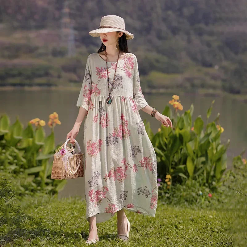 Elegant Comfortable Loose Streetwear Women Clothing Summer Dress for Women Fashion Casual Vintage Ethnic Style Clothes Print - Dhavinci