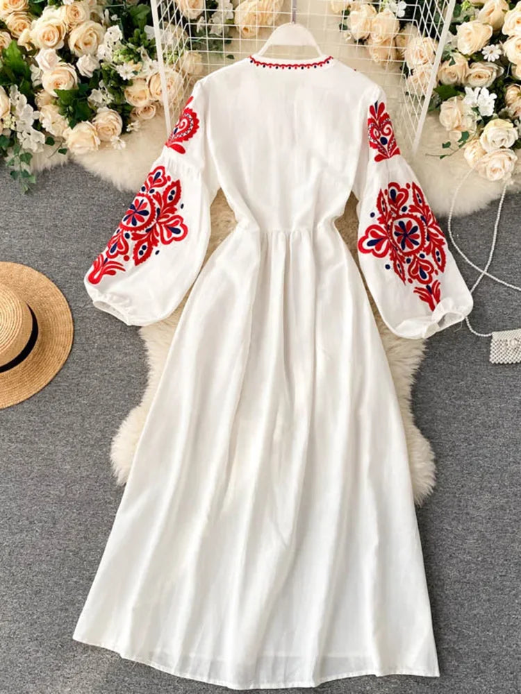 Women Autumn Dresses Bohemian Embroidered Flower O-Neck Lantern Sleeve High Waist Pleated Dress All-match Female Vestidos PL393 - Dhavinci