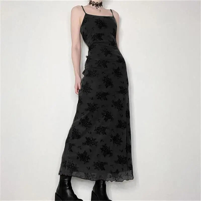 Gothic Black Sexy Dress Women Summer Floral Print Streetwear Sleeveless Mesh Patchwork Dress Elegant Party Club Lolita Dresses - Dhavinci