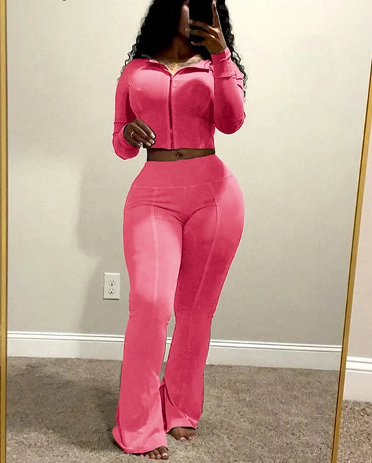 Women's Retro Sportswear Set | Hoodie & Flared Pants Pink Outfit