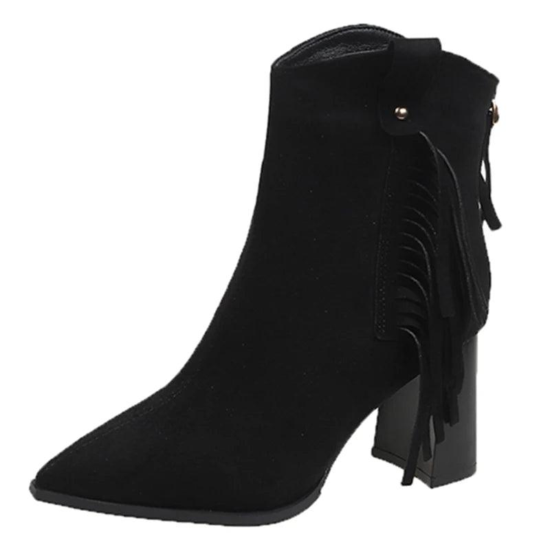 Vintage Fringe High Heels Ankle Boots for Women | Western Pointed Toe Winter Boots - Dhavinci