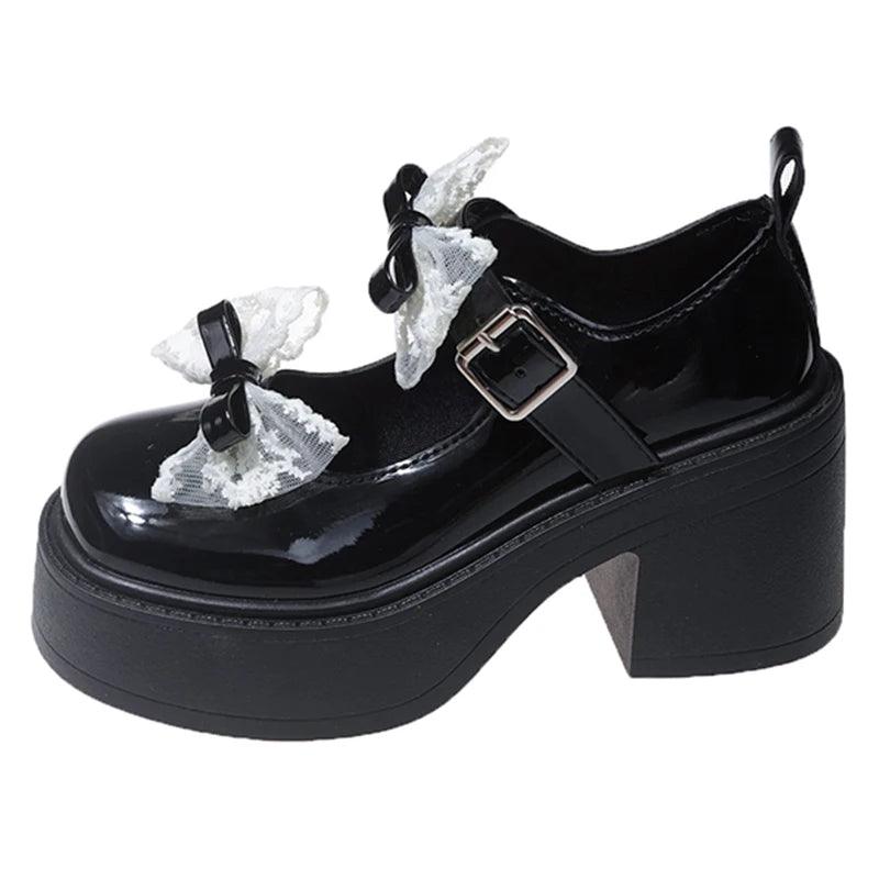 Lace Bow Mary Janes for Women | Patent Leather Platform Heels - Dhavinci