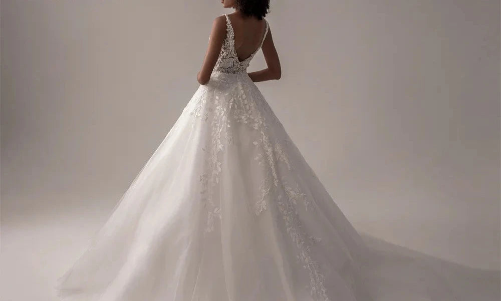 V-Neck Sleeveless Wedding Dress for Women | A-Line Lace Bridal Gown - Dhavinci