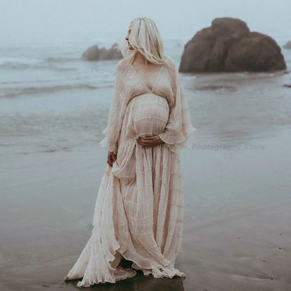 Boho Maternity Dresses For Photo Shoot Sexy V-neck Pleated Chiffon Long Sleeve Ruffle Pregnancy Dress Women's Photography Gowns - Dhavinci