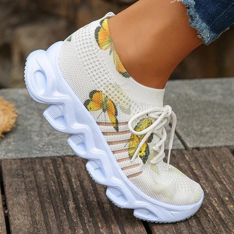 Butterfly Print Platform Sneakers for Women | Slip-On Breathable Flats - Dhavinci