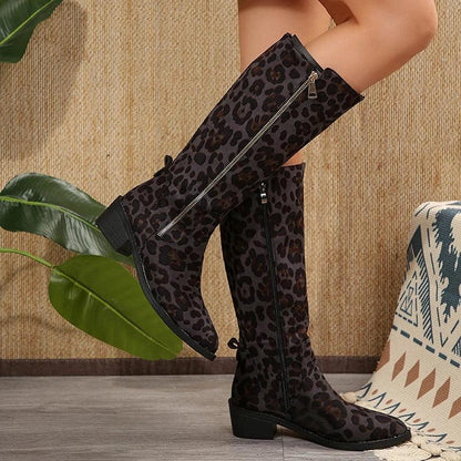 Leopard Print Knee-High Boots for Women | Medium Heels Cowboy Boots - Dhavinci