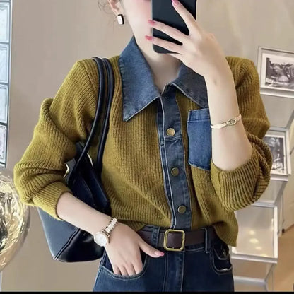 Small Spring Autumn Outerwears Female Jeans Coat Short Black Patchwork Crop Women's Denim Jackets Knitted 2024 New Collection In - Dhavinci