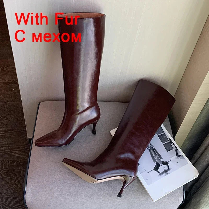 JOZHAMTA Size 33-40 Women Knee Boots Genuine Leather Luxury Band Thin High Heels Winter Shoes Woman Pointed Toe Sexy Long Boots - Dhavinci