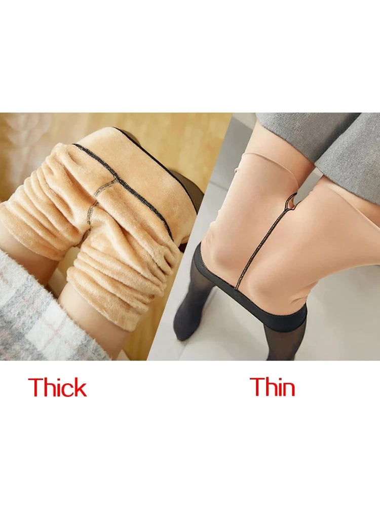 Woman Thermal Tights Sexy Translucent Fleece Leggings Pantyhose Slim Winter Warm Thick Velvet Stockings Female Streetwear Pants - Dhavinci