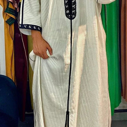 Men's White Muslim Robe | Djellaba with Stripe Print - Dhavinci