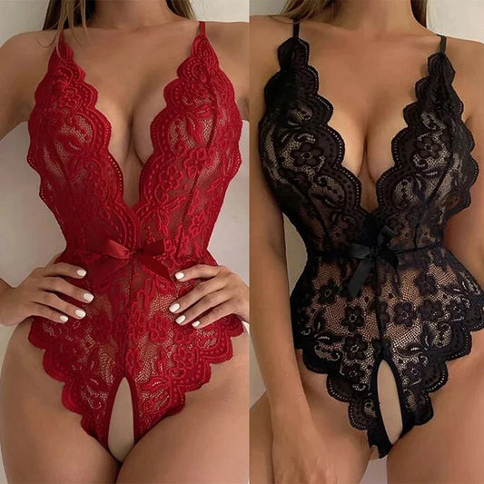 Transparent Lace Teddy Lingerie | Open Crotch &amp; Deep V Design