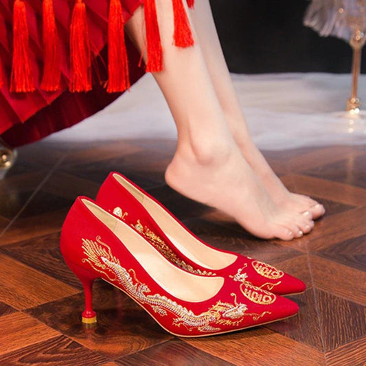 Red Embroidered Bridal Shoes - Elegant Chinese Style High Heels - Dhavinci