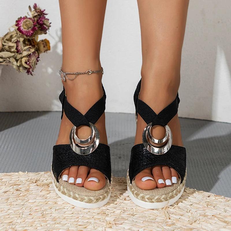 Snake Print Wedge Sandals - Metal Decor Gladiator Shoes - Dhavinci