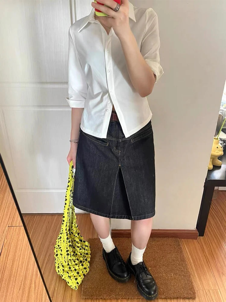 Summer Women Korean Vintage Preppy Style Japanese Y2k Midi Denim Skirts 2000s Aesthetic Grunge E-girl Goth Harajuku Fashion  New - Dhavinci