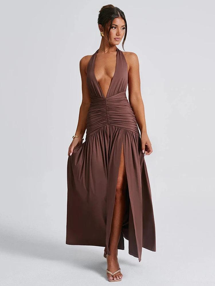 Halter Deep V-Neck Backless Maxi Dress for Women | Sexy Thigh-High Split - Dhavinci