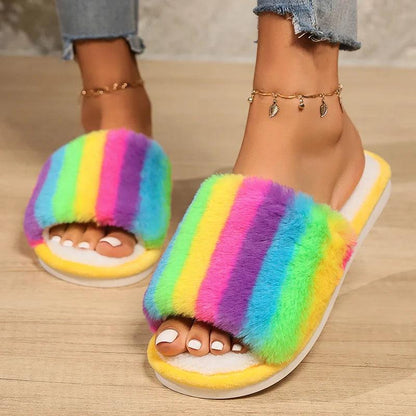 Mix Color Faux Fur Slippers for Women | Rainbow Plush House Shoes - Dhavinci