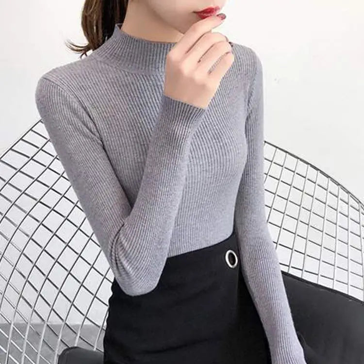 Autumn Winter Mock Neck Sweater | Vintage Solid Knit Pullover for Women - Dhavinci