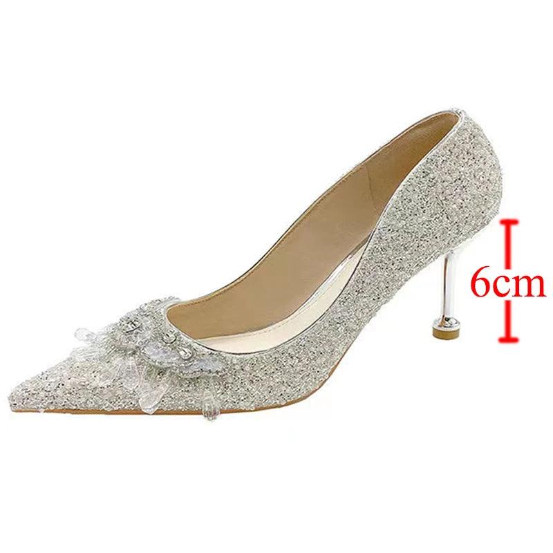 Luxury Crystal Tassels Bride Shoes - Pointed Toe Thin Heels Pumps - Dhavinci