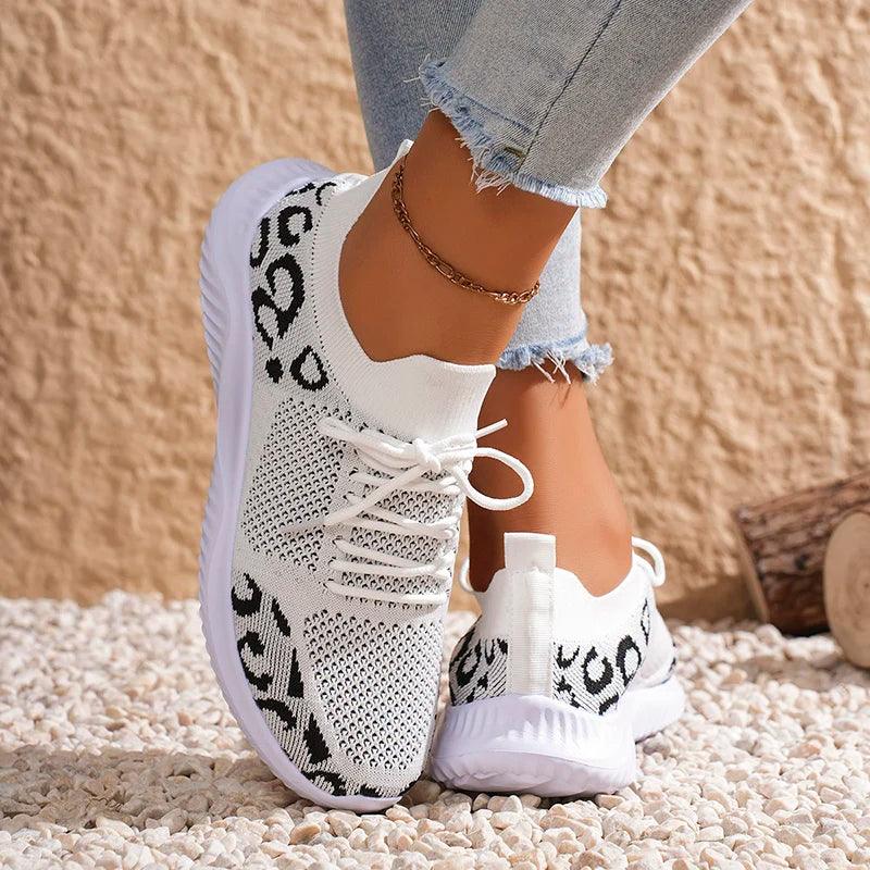 Leopard Print Knitted Sneakers for Women | Breathable Mesh Casual Shoes - Dhavinci